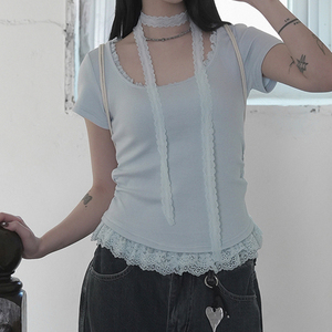 Camiseta de Manga Corta Estilo Coreano, con Encaje, Cuello Redondo, Ajustada, Ecológica, con Cintura Plizada, Versátil e Irregular - Product Image 6
