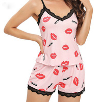 Ensemble d'été en dentelle florale à épaules dénudées avec impression de dessins animés pour pyjamas pour femmes