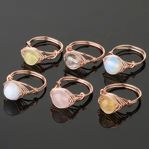 Trendy Natural Healing Stones Jewelry Smoky Quartz Citrine Rose Gold Wire Wrapped Rings