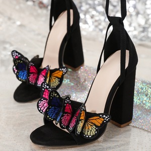 Women Embroidered Butterfly Block Heel Sandals Square Open Toe Lace Up Strappy Chunky Heels Party <b>Dress</b> Shoes - Product Image 6