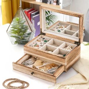 <b>Vintage</b> solid wood jewelry <b>box</b>, double-layer women's jewelry <b>box</b> with mirror and ring tray. - Product Image 1