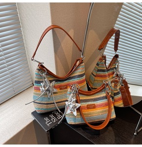 2026 Niche Design Rainbow Woven Bag for Women Retro Vintage <strong>Ladys</strong> Simple Shoulder Bag Zipper Closure Polyester Lining Beach Bag - Product Image 1