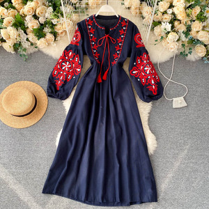 Women <strong>White</strong> <strong>Red</strong> <strong>Blue</strong> Tribal Floral Embroidered Long Sleeve Tie Waist Boho Maxi <strong>Dress</strong> Vintage Ethnic Style Flowy Bohemian <strong>Dress</strong> - Product Image 2