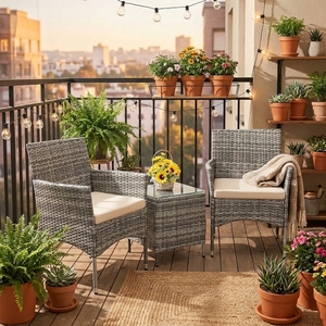 Premium 3 Pieces PE Rattan <b>Garden</b> Furniture Set Grey Outdoor Wicker Bistro Conversation Chairs with Square <b>Coffee</b> <b>Table</b> - Product Image 1