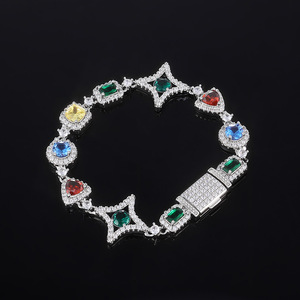 Colorful Gemstone Emerald Cut Hiphop Fashion Trendy Sparkling Brass Zircon Star Square Charm Link Chain Bracelet <b>Bangle</b> - Product Image 6