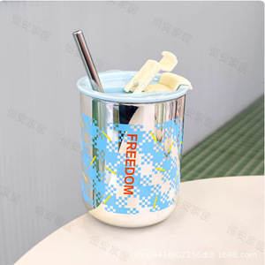 Electroplated Glass Cup With Straw Pink Blue Green Yellow Color Home Office Portable Drinkware Single Cup Cover Included - Product Image 5