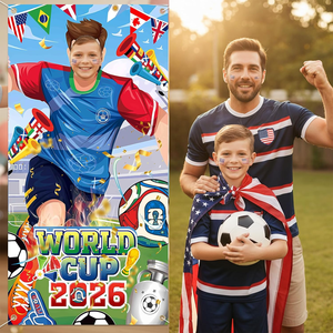 لافتة عالمية 71×35 بوصة لعام <span class=keywords><strong>2026</strong></span> مع صورة لاعب كرة قدم مع فتحة للوجه لتزيين حفلات كرة القدم العالمية - Product Image 4