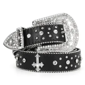 China Online Sale Trendy Western Designer Stylish Casual Horse Shoe Bedazzler Rhinestone Belt Women