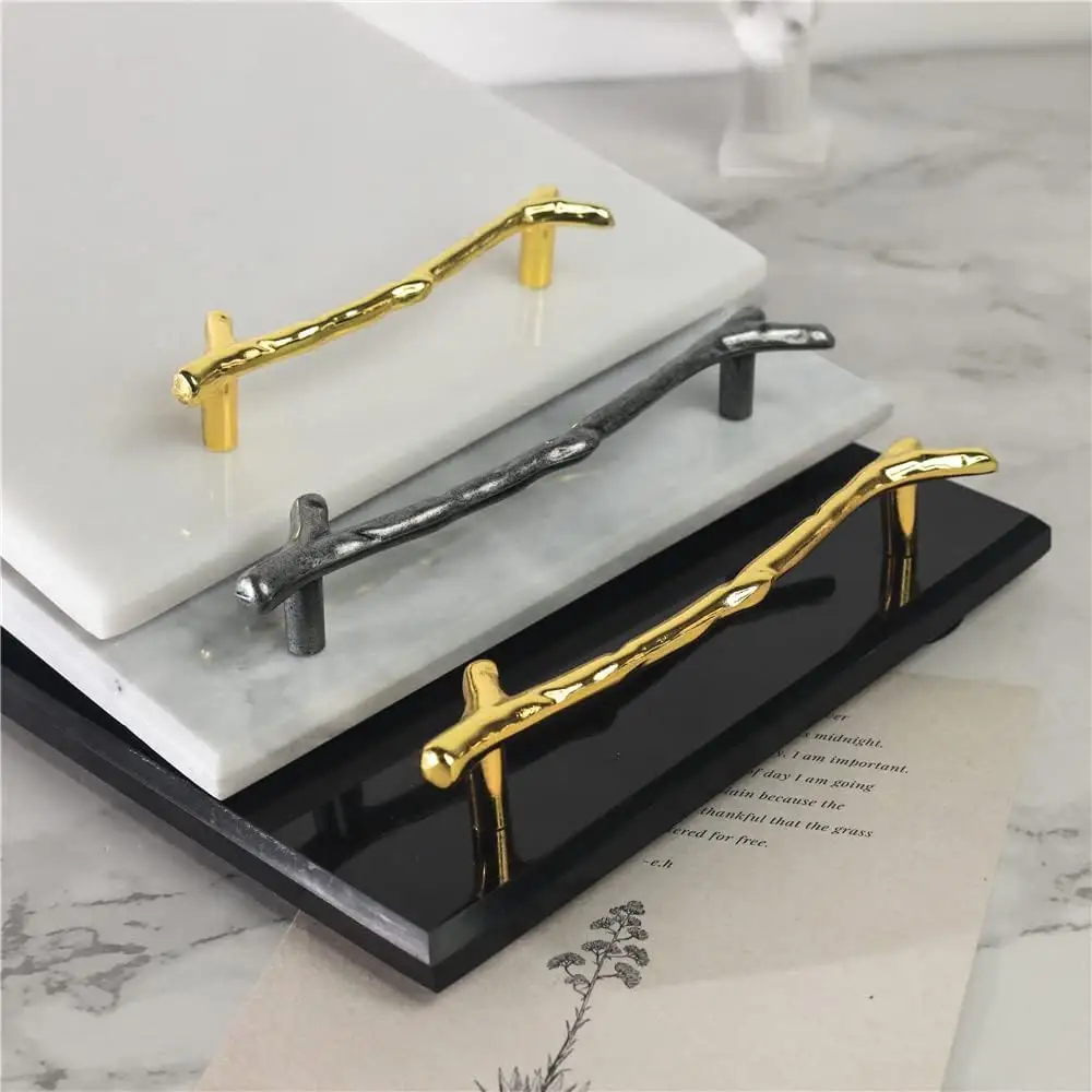 Gold Edged Rectangle Marble Decorative Tray Gold plate handle Jewelry Dresser Kitchen Sink Tray Effect Tray With Handles