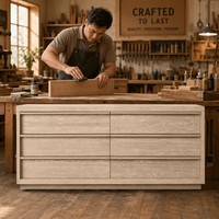 Commode minimaliste à 6 tiroirs en bois massif, style américain, sans poignées, avec poignées intégrées, en chêne clair, pour hall et maison de style farmhouse, vente en gros