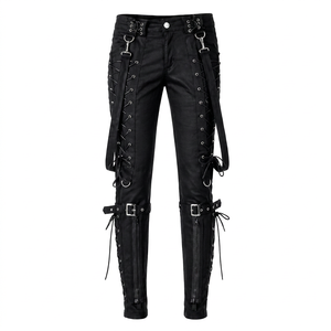 Pantalones ajustados de cuero genuino negro estilo gótico de invierno con cintura alta, correas con cordones y detalles de remaches, de longitud completa para mujer - Product Image 1