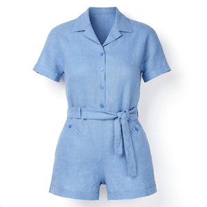 Combinaison en coton bleu pour femme, manches courtes, ceinture, boutons sur le devant, décontractée, pour l'été, vêtements de plage - Product Image 1