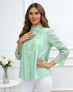 Blusa de Encaje Elegante y Exquisita para Mujer, Primavera/Verano 2026, Prenda Exterior Sencilla para Oficina, Manga Larga, Tejida, Disponible en EE. UU. - Product Image 5