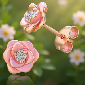 Boucles d'oreilles à fleurs roses en or rose E4285, avec serti rond en zircon, pour femmes, bijoux romantiques, cadeau - Product Image 2