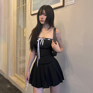 Robe mini sans bretelles style sexy américain avec nœud papillon, coupe ajustée pour femme, jupe plissée sculptante, robe chic et tendance - Product Image 6