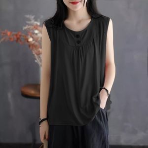Women's Solid Color Round Neck Sleeveless <b>Vest</b> <b>Top</b> Pink Acrylic Fiber Breathable Loose Fit Summer Style With Button Design - Product Image 2
