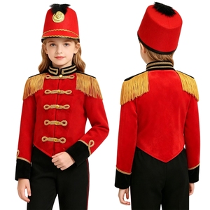 Costume de batteur victorien pour enfants, ensemble veste et chapeau, rouge, bleu, noir avec garniture dorée, pour spectacle de carnaval de Noël - Product Image 3