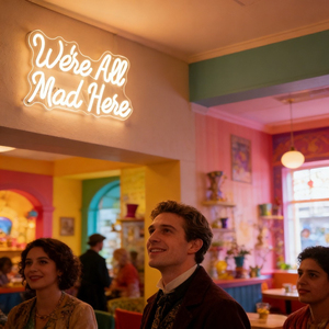 Insegna LED al Neon 'We're All Mad Here' Luce Bianca Calda a Tema Alice nel Paese delle Meraviglie per Decorazione Camera da Letto e Bar - Product Image 5