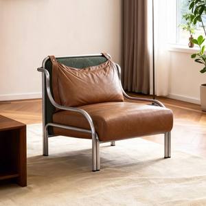Fauteuil en cuir Hibiscus avec structure en acier inoxydable, marron, durable, fauteuil simple, meubles de salon - Product Image 2
