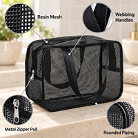 Sac de toilette en maille noire avec logo personnalisé, poignées de transport, grande capacité, égouttoir rapide, pour salle de sport et voyage, OEM ODM, vente en gros