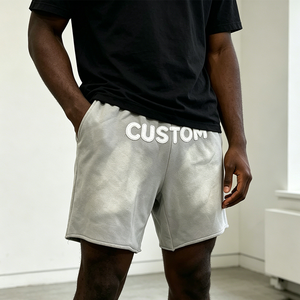 Men 400GSM Heavy French Terry Shorts Custom 3D Puff Embroidery Vintage Wash Raw <b>Edge</b> Baggy Hip Hop Streetwear Sweat Shorts - Product Image 3