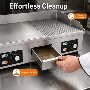 Plancha Eléctrica Comercial, Mitad Plana y Mitad Acanalada, 4.4kW 220V, Control Dual, para Hamburguesas, Filetes, Tocino, Cocina de Restaurante - Product Image 4