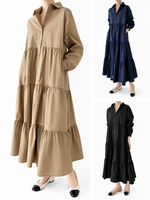 Robe chemise longue à col roulé boutonnée pour femme, à manches longues, à volants superposés, coupe ample, style coréen, unie, tissée, automne, ODM/OEM