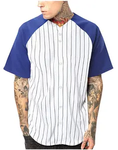 Premium Pinstripe Baseball Jersey Raglan Short Sleeve Hip Hop Active Shirt Button Fly Closure Tumble dry low