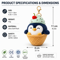 Porte-clés en peluche pingouin personnalisé OEM ODM, design cornet de glace, étiquette personnalisée, boîte pour cadeaux promotionnels de marque