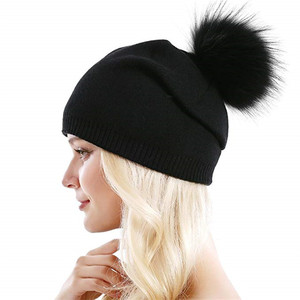 Gorro de Invierno en Oferta, Gorro de <span class=keywords><strong>Lana</strong></span> Tejida para Mujer, Gorro de Cachemira Sólido Personalizado, Gorro con Pompón de Piel - Product Image 3