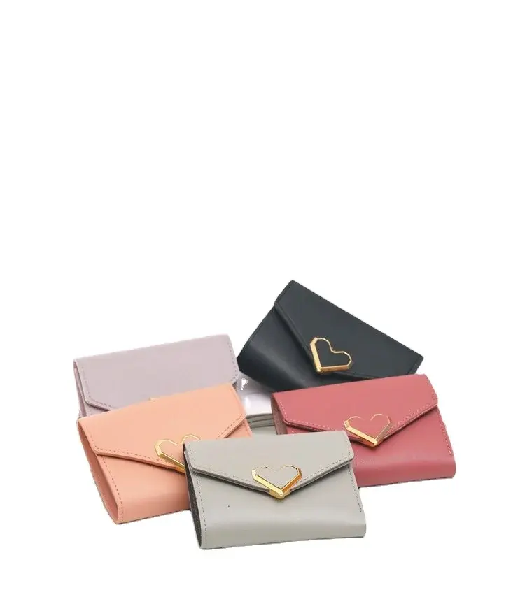 Neue kleine Metall herzförmige kurze dreifache einfache Aufbewahrung tasche Pu Leder Damen Geldbörse Tasche Geldbörse wechseln