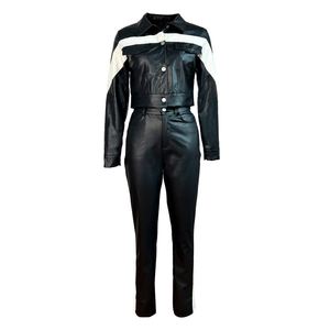 Colorblocking Single-breasted Lapel Slim Women's Casual PU 2-piece <b>Set</b> Fashion - Product Image 6