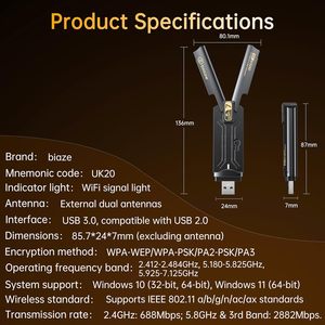 Adaptador <span class=keywords><strong>USB</strong></span> WiFi 7 Biaze BE6500, Tarjeta de Red Inalámbrica Tribanda, 6500Mbps, <span class=keywords><strong>USB</strong></span> 3.0, Dongle WiFi 2.4G 5G 6GHz para PC y Laptop - Product Image 4