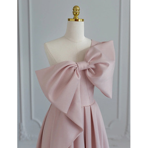 Women's Pink Satin Off The Shoulder Evening Gown A Line Empire Waist One Shoulder Bow Design Toast Dress - Product Image 1
