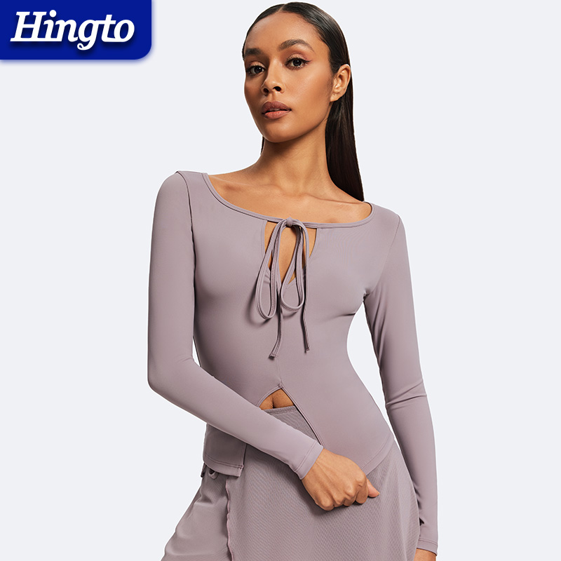 2025 Lace up Round Neck Slim Fit Long Sleeved Yoga Shirt Skinny Long Sleeves Active Lightweight Top Workout Yoga Crop Tops