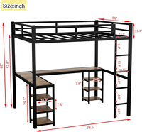 Lit mezzanine en métal avec bureau et étagères, design en forme de L pour gagner de la place, cadre avec plateau en bois, lit double avec échelle