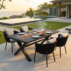 Table de barbecue extérieure en aluminium avec double grille, ensemble table et chaises pour patio, jardin, villa, hôtel – Noir – Vente chaude usine - Product Image 3
