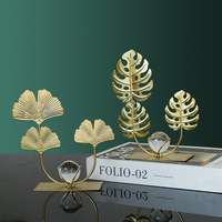 Sculpture de feuille métallique de luxe, statues modernes, artisanat, or, fer, plantes, ornements de bureau avec boule de cristal