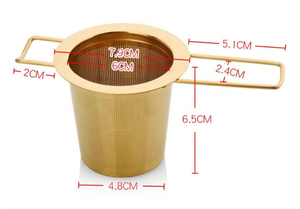 Colador Infusor de té de acero inoxidable dorado para té suelto con mango plegable doble y paquete de caja de papel - Product Image 4