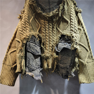 2025 Vintage à manches longues Denim poches Patchwork col en v <span class=keywords><strong>pull</strong></span> hauts amples <span class=keywords><strong>vieux</strong></span> modèles femmes tricoté <span class=keywords><strong>pull</strong></span> - Product Image 4