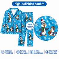 Pyjama personnalisé en polyester bleu ciel avec col cranté et motif pingouin pour femme, collection Noël, livraison directe (POD), MOQ 1 pièce
