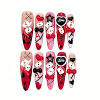 Faux ongles à presser rouges gothiques faits à la main en acrylique, forme amande, motif cartes à jouer poker, vente en gros
