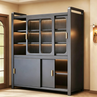 Meuble de rangement de cuisine moderne en acier sur mesure avec portes vitrées sur roulettes, buffet autoportant multi-niveaux