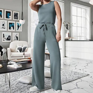 Nouvelle Collection 2026 : Ensemble Blouse Imprimée Col V Sans Manches à Volants et Pantalon Skinny Couleur Unie avec Ceinture en Polyester pour l'Été - Product Image 3