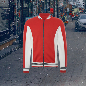 Blouson universitaire homme rouge et blanc avec fermeture éclair, col montant, vêtement d'extérieur décontracté, doublure en fausse fourrure, coupe-vent, écologique, à capuche - Product Image 2