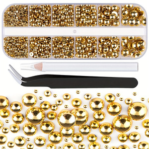 12 <b>Grids</b> Gold Silver Pearl Nail Beads Half Round Flatback <b>Metal</b> Ball Charms for DIY Nail Art - Product Image 2