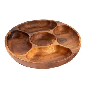 10'' 12" 5-Compartment Carved Wooden Pu Pu / Appetizer Platter