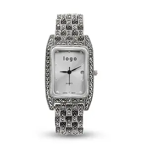Vintage tay 925 ayar gümüş saat markazit beyefendi lüks bilek erkekler saatler ile
