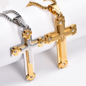 Colgante de cruz cristiana con circonita, collar de acero inoxidable de triple capa, amuleto religioso de oración, joyería de fe - Product Image 1