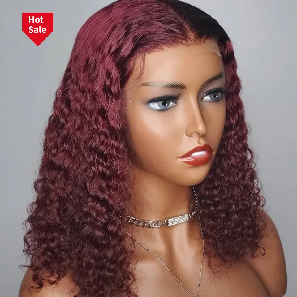 Perruque Bob Lace Frontal wig brésilienne naturelle, cheveux courts bouclés, bordeaux 99J, 13x4, 360, pre-plucked, Transparent Hd, pour femmes africaines